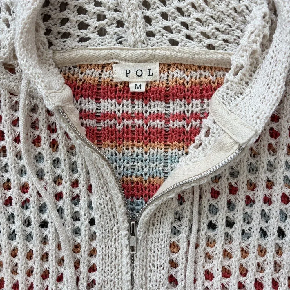 Pol Womens Crochet Open Knit Sweater Size M Rainbow Beachy Boho Travel Vacation - Picture 3 of 13